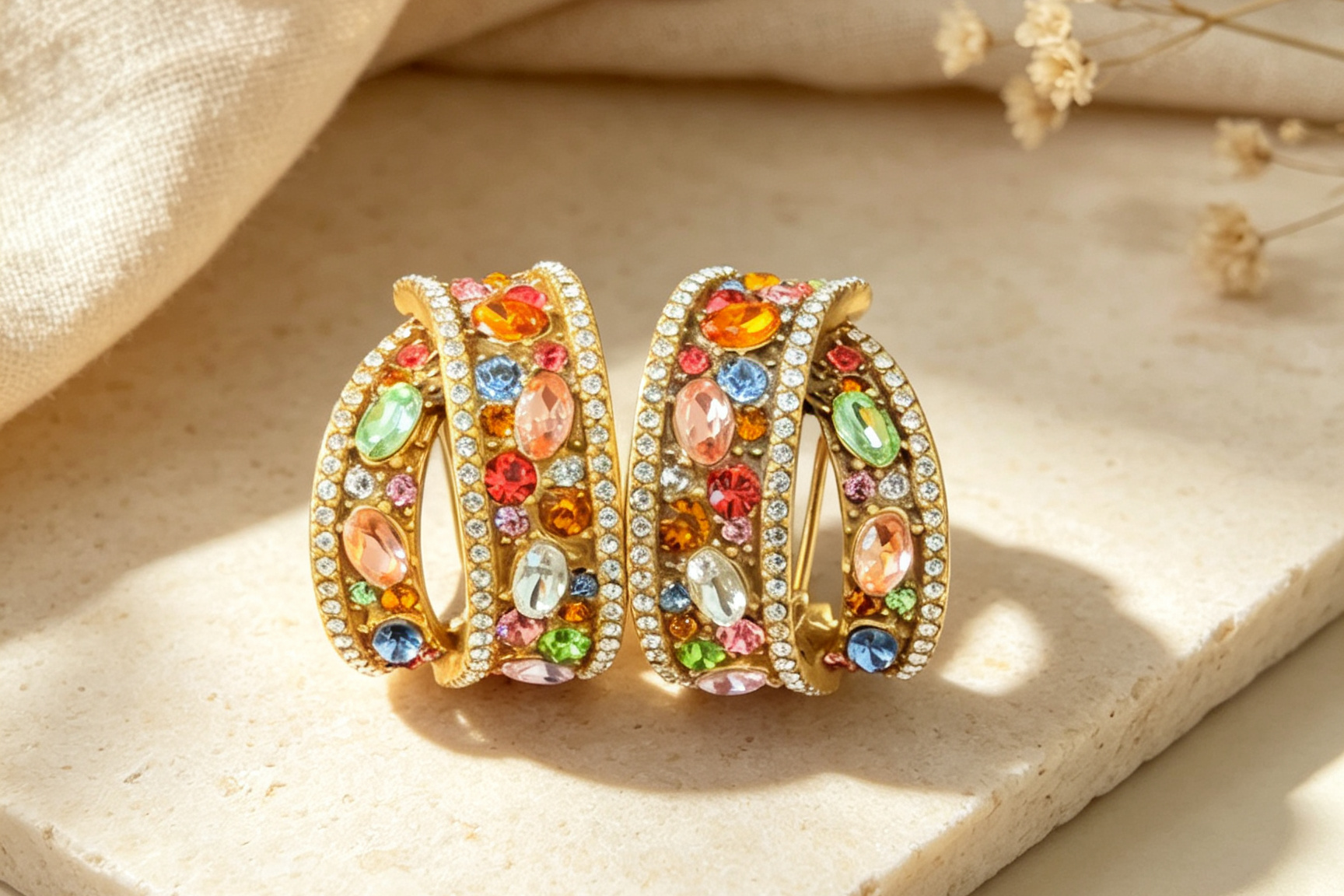 Rainbow Gem Double Hoop Earrings