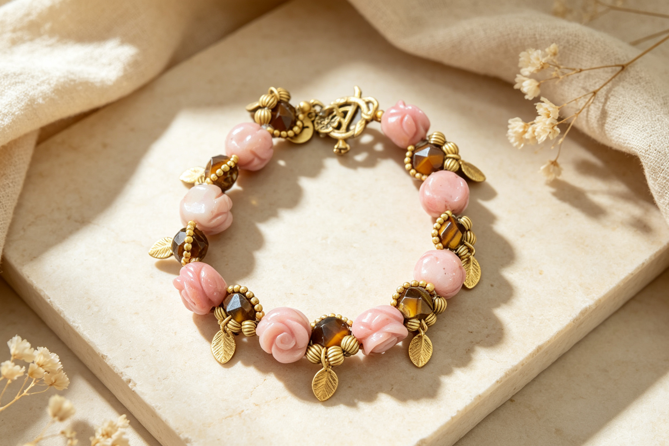Pink Rose & Tiger's Eye Bracelet